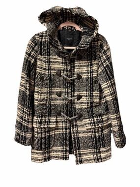 Weekend Max Mara Black &‎ Cream Plaid Hooded Toggle Pea Coat